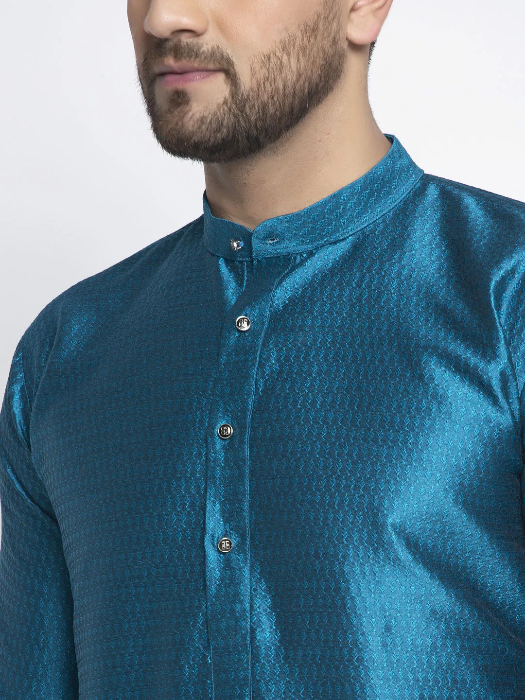 Jashvi Men Blue & White Woven Design Kurta with Pyjamas