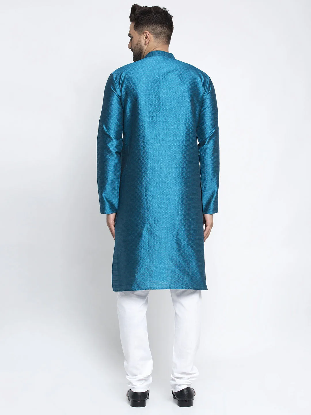 Jashvi Men Blue & White Woven Design Kurta with Pyjamas