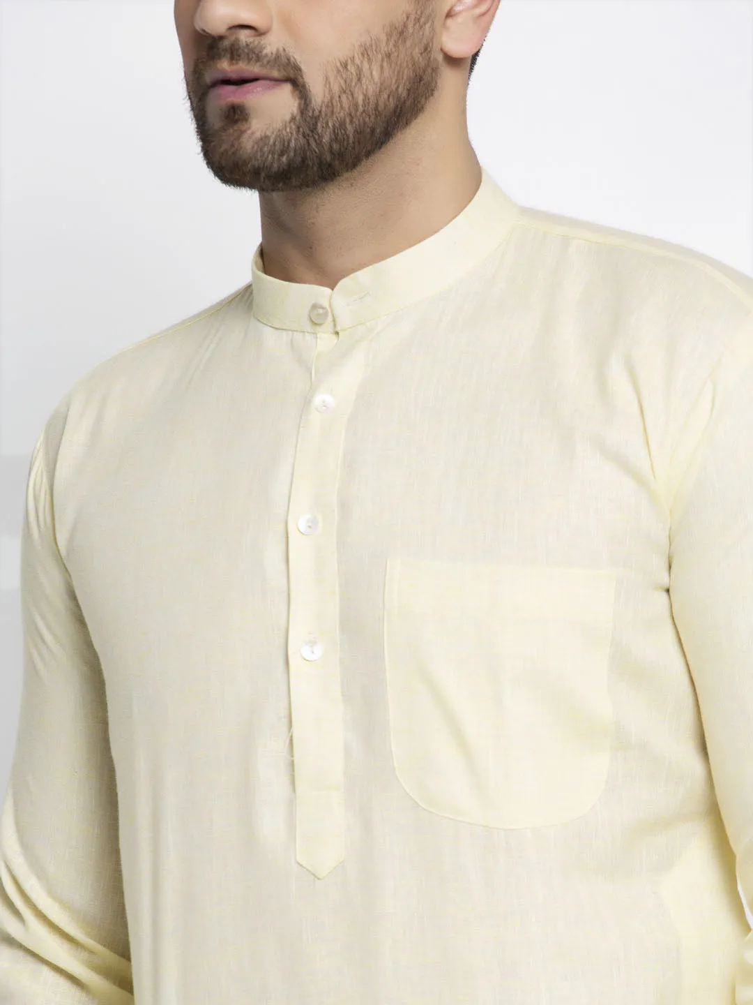 Jashvi Men Lemon Yellow & White Self Design Kurta with Pyjamas