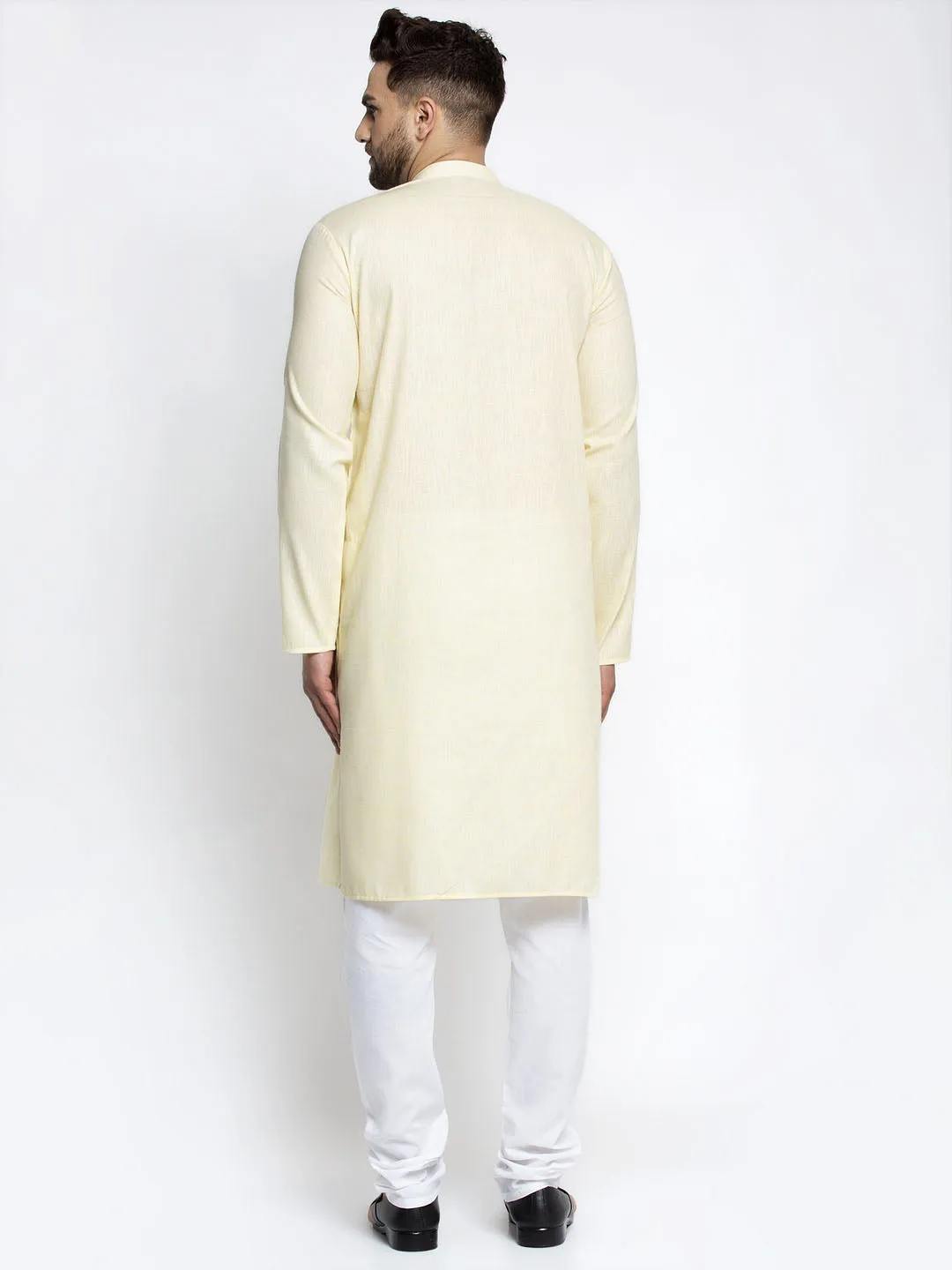 Jashvi Men Lemon Yellow & White Self Design Kurta with Pyjamas