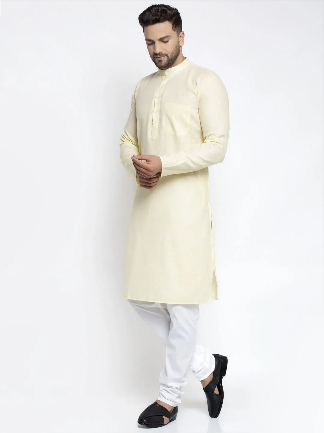 Jashvi Men Lemon Yellow & White Self Design Kurta with Pyjamas