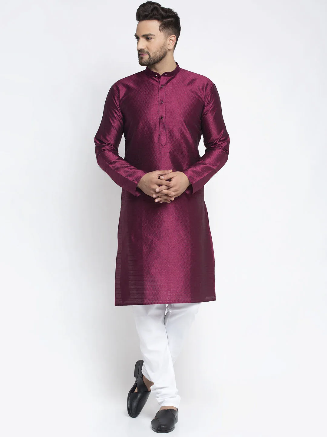 Jashvi Men Purple & White Woven Design Kurta with Pyjamas