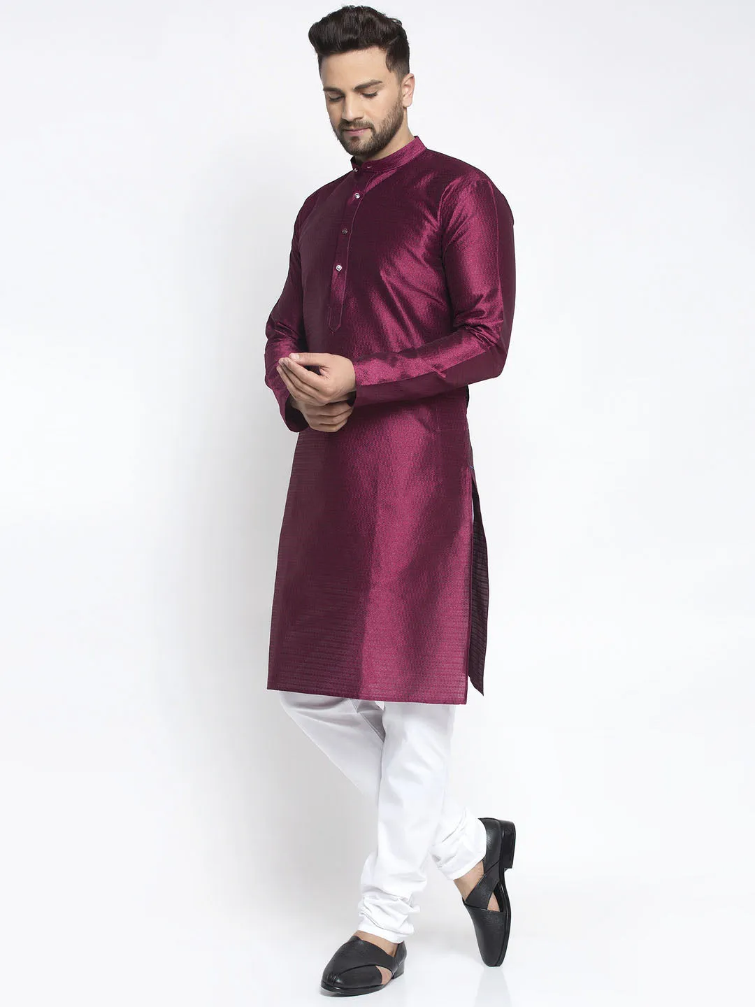 Jashvi Men Purple & White Woven Design Kurta with Pyjamas