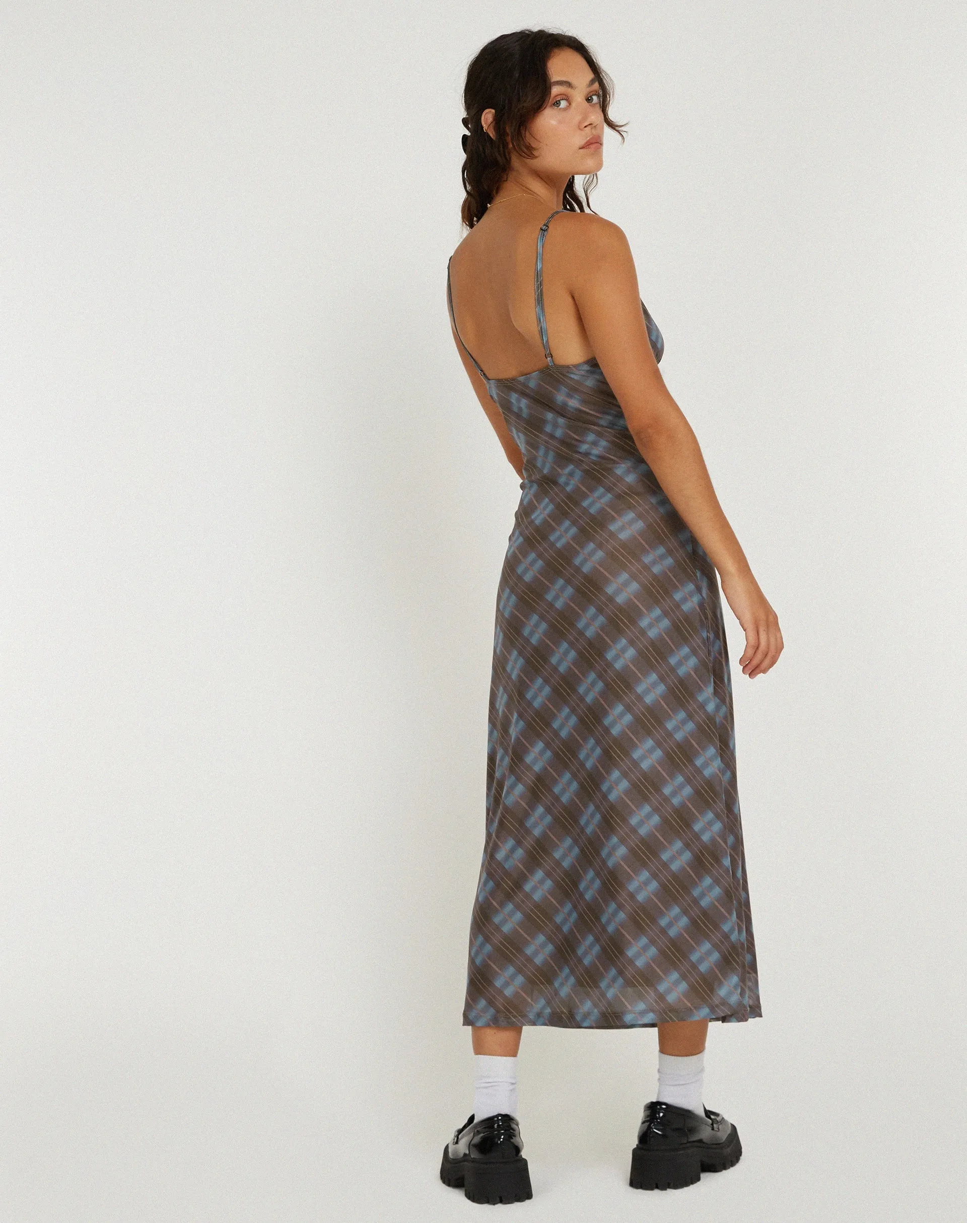 Kalana Midi Dress in Green Blurred Check Dark Olive