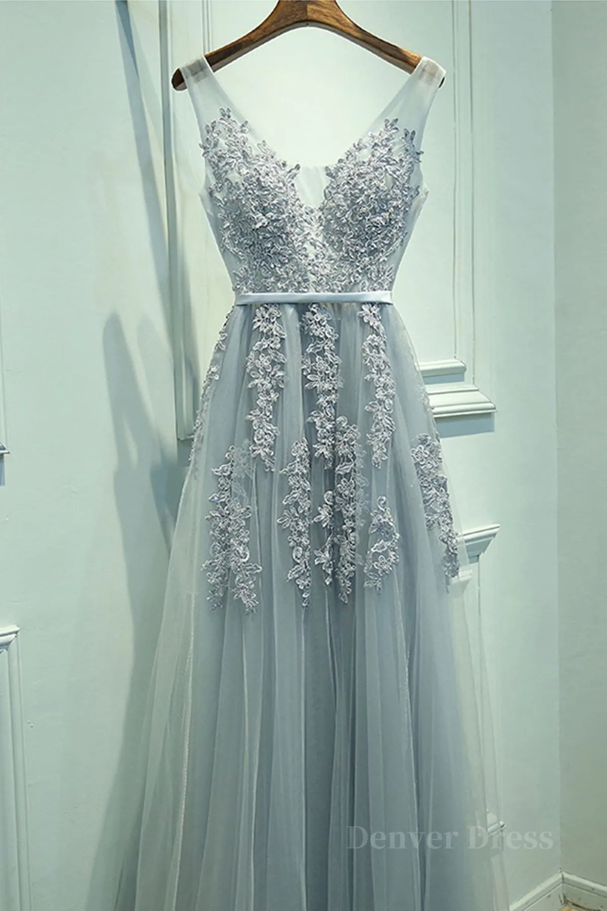 kamahe A Line V Neck Silver Gray Lace Prom Dresses, Grey Lace Formal Evening Dresses