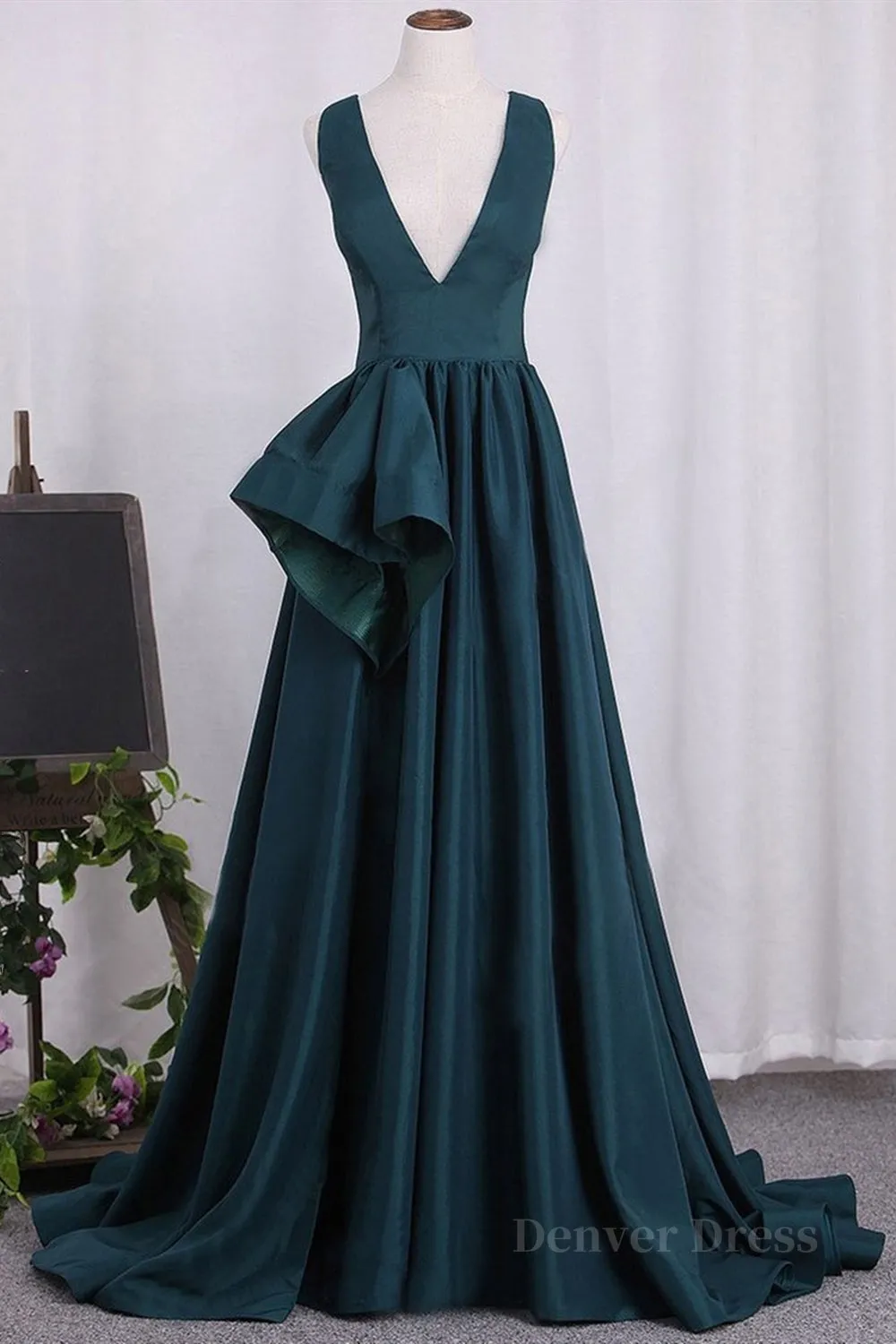 kamahe A Line V Neck V Back Green Satin Long Prom Dresses, Long Green Formal Evening Dresses