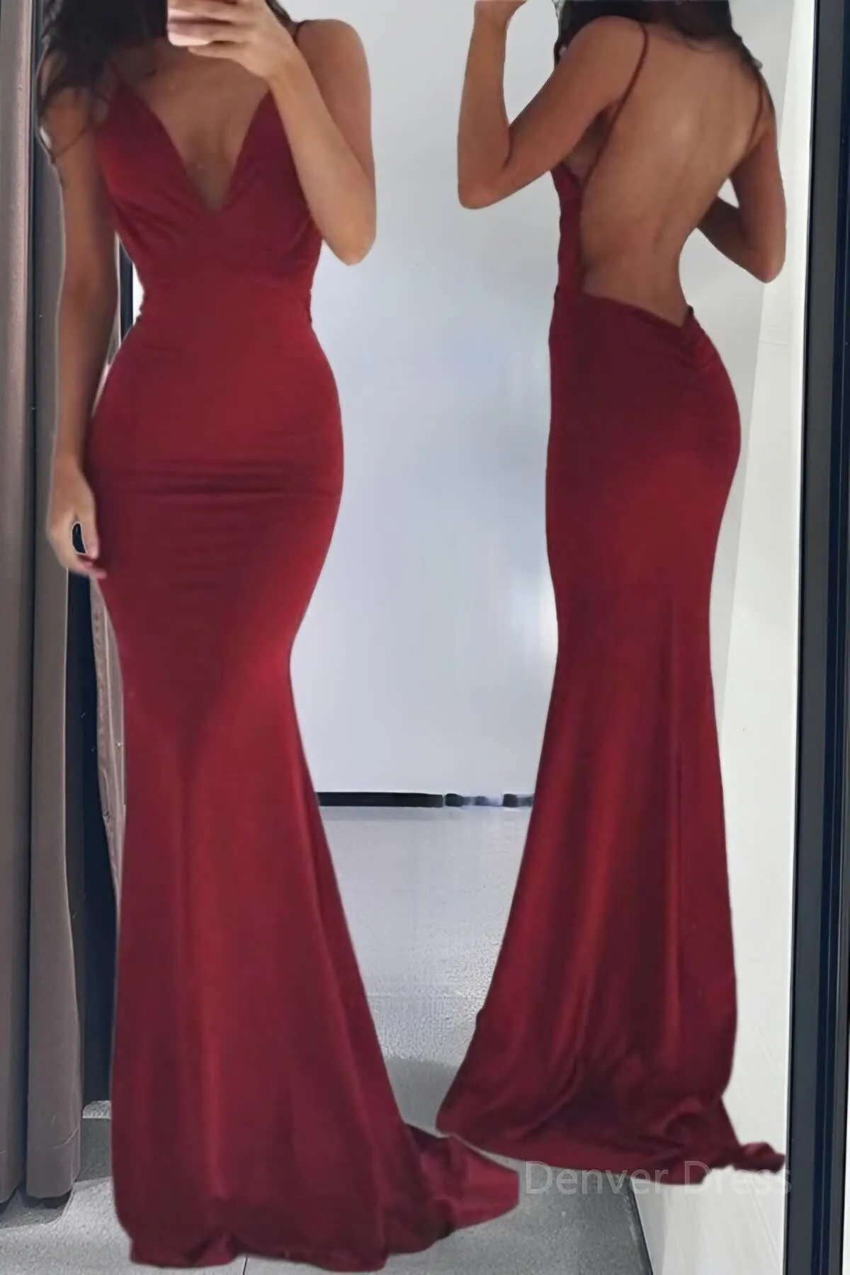 kamahe Burgundy Evening Gowns Stretchy Spaghettis Straps Backless Column Prom Dresses