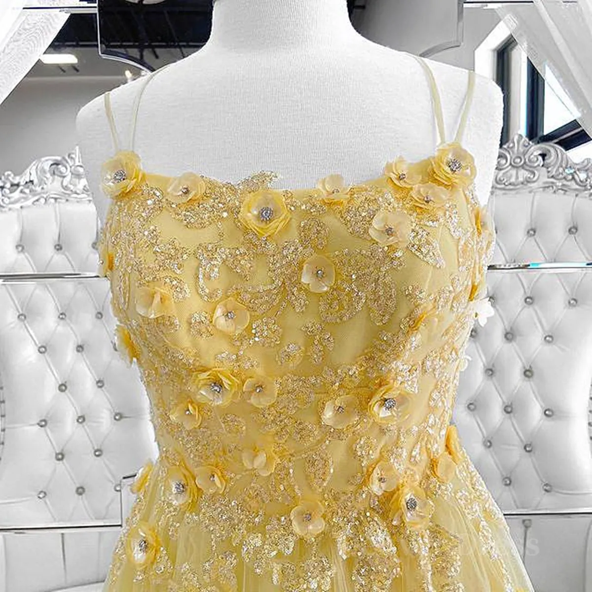 kamahe Shiny Yellow Lace Floral Prom Dresses, Shiny Yellow Lace Floral Formal Evening Dresses