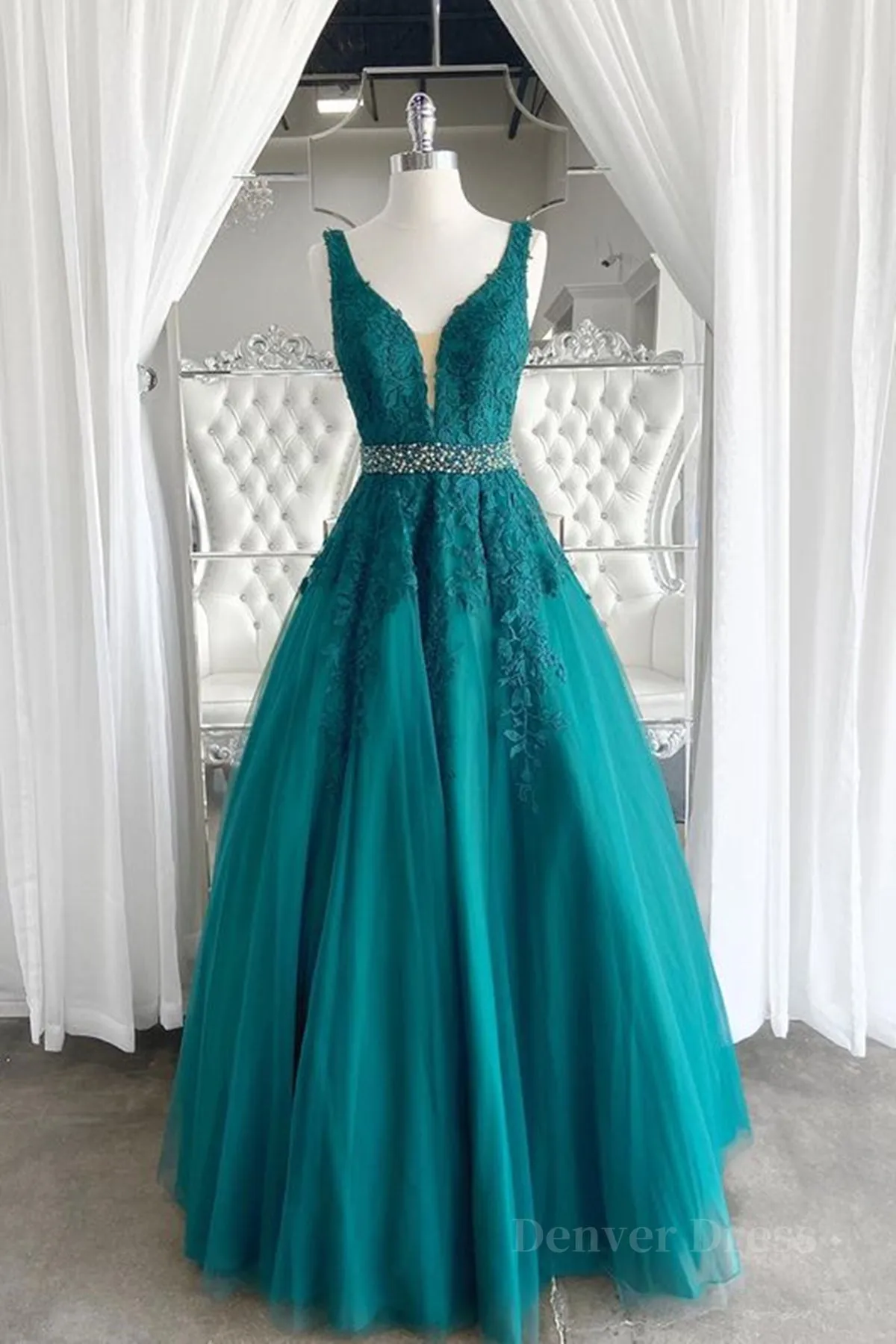 kamahe V Neck Dark Green Lace Prom Dresses, Dark Green Lace Formal Evening Dresses