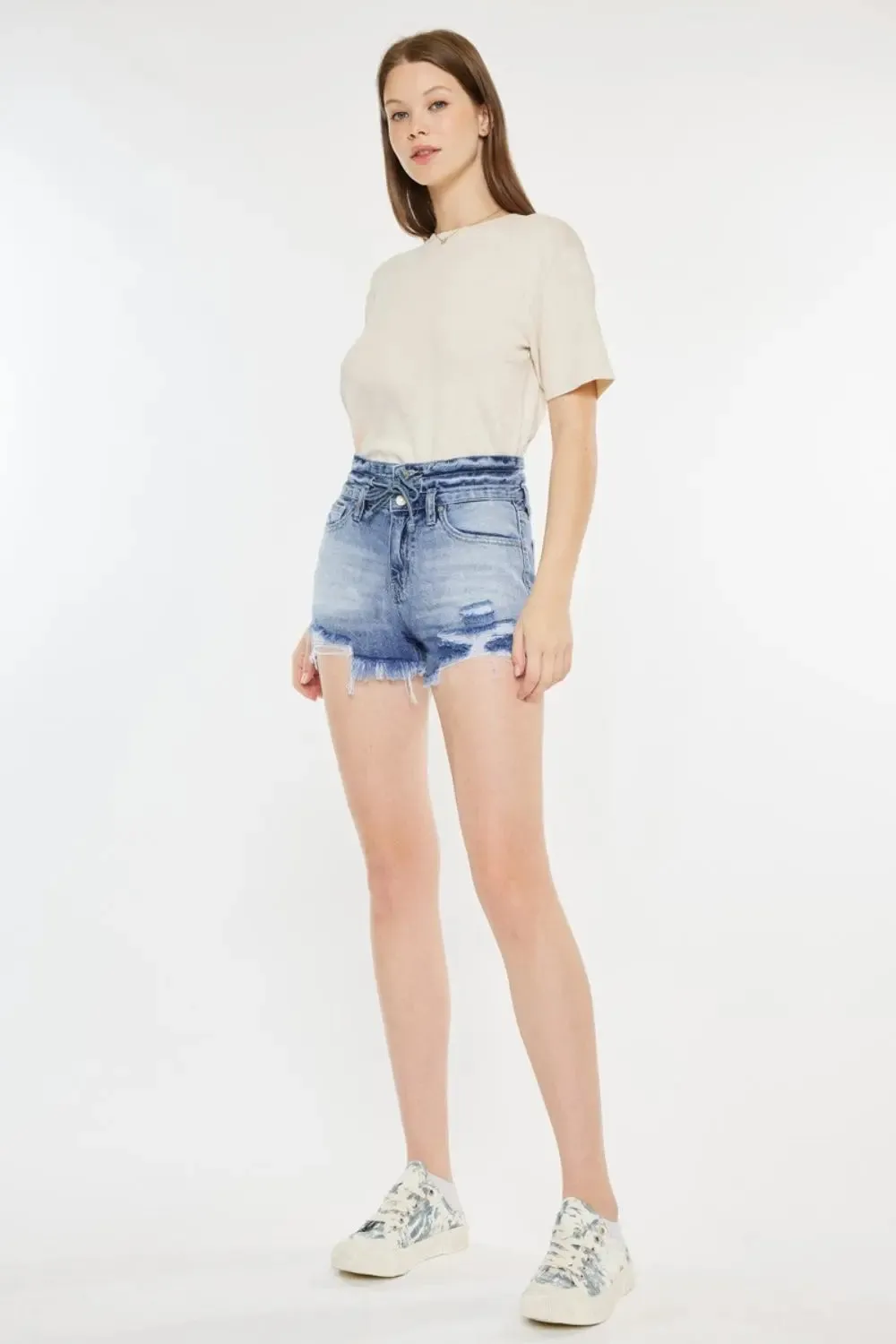 Kancan High Rise Frayed Hem Denim Shorts