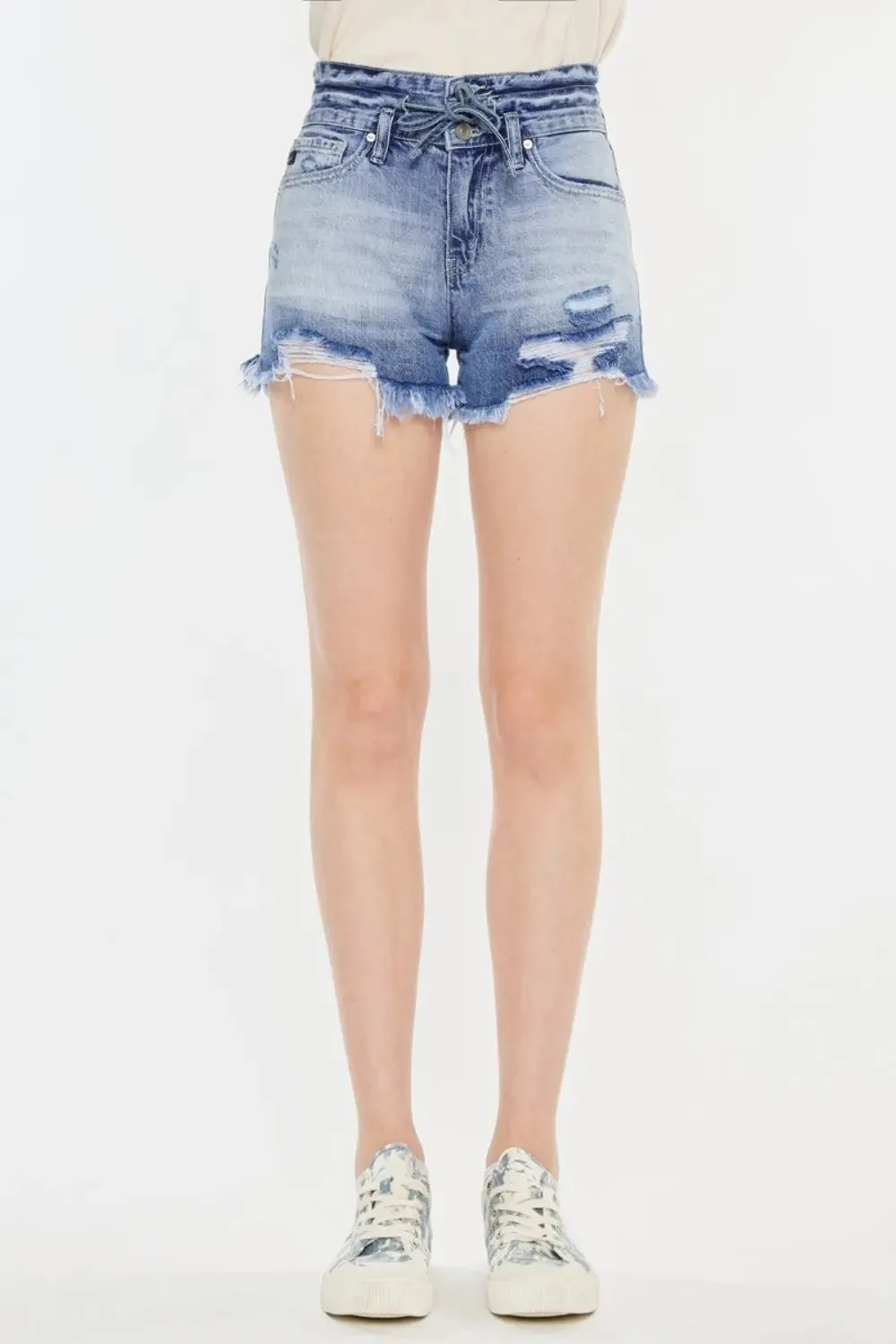 Kancan High Rise Frayed Hem Denim Shorts