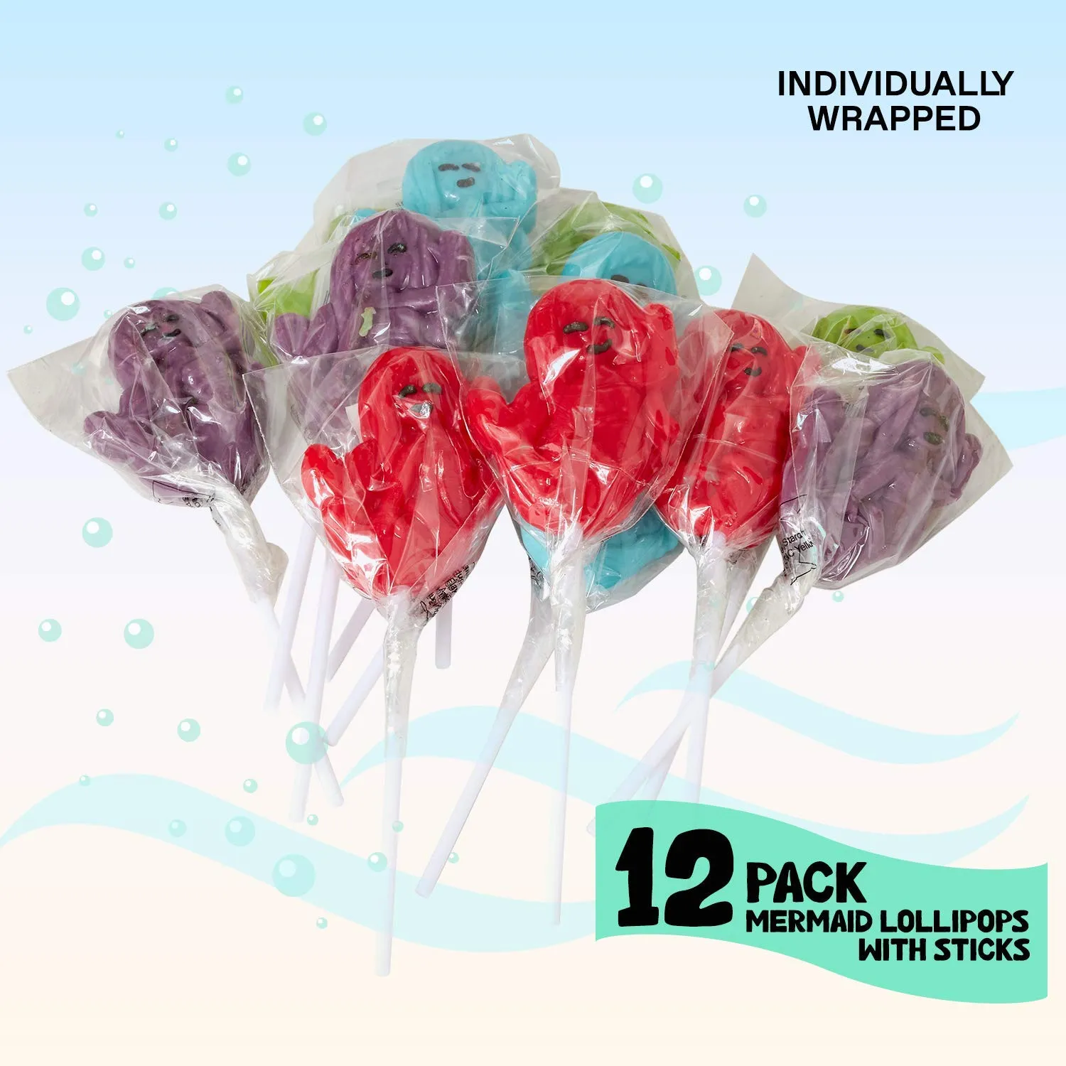 Kicko Mermaid Lollipops with Sticks - Pack of 12 2 Inch Flavored Animal Lollipops in a 4