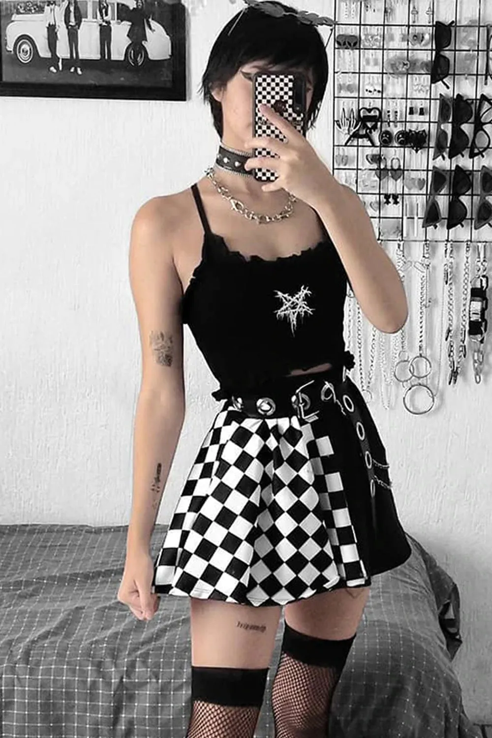 KittenAlarm - High Waist Goth Dark Pleated Mini Skirts