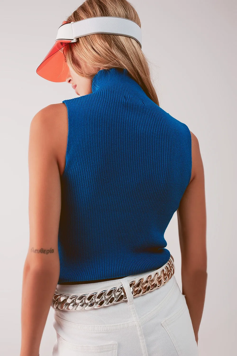 Knitted High Neck Top in Blue