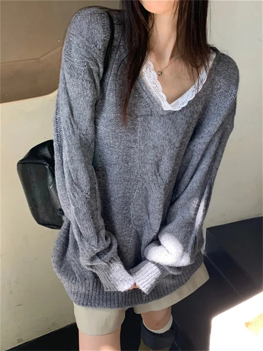 KYLETHOMASW  -   Grey Women Mid-Length Sweaters Retro 2024 Knitted Lace Patchwork Slim New Autumn Sweet Chic Gentle Pullovers