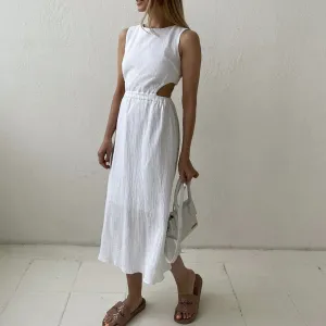 Leisure Crew Neck Cutout Waist Button Back Crinkled Midi Sundress - White