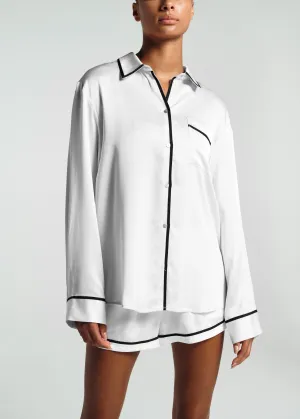 London Pyjama Top White Ribbon Piped Silk