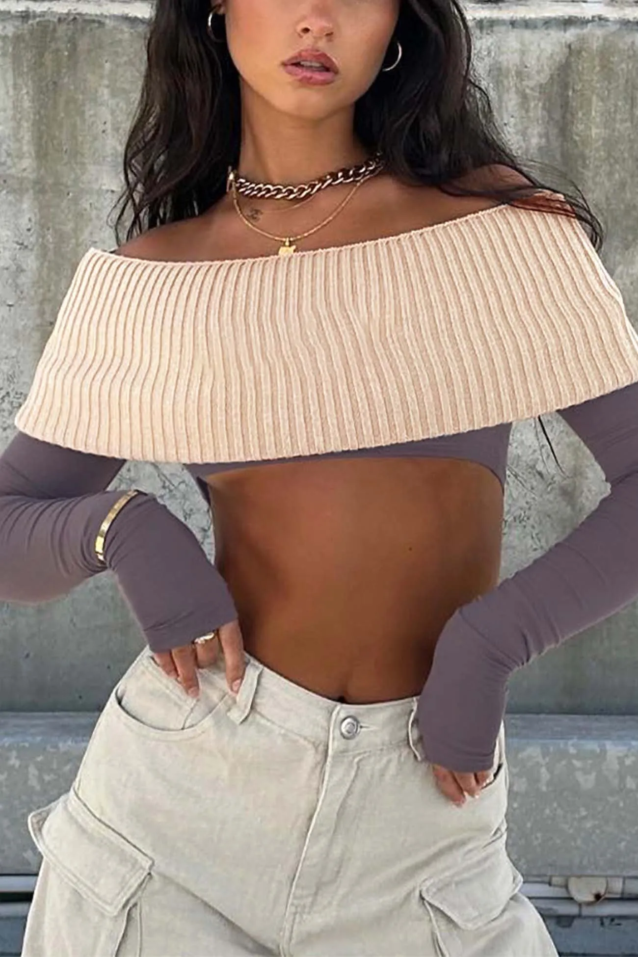 Long Sleeve Off Shoulder Neckless Short Top