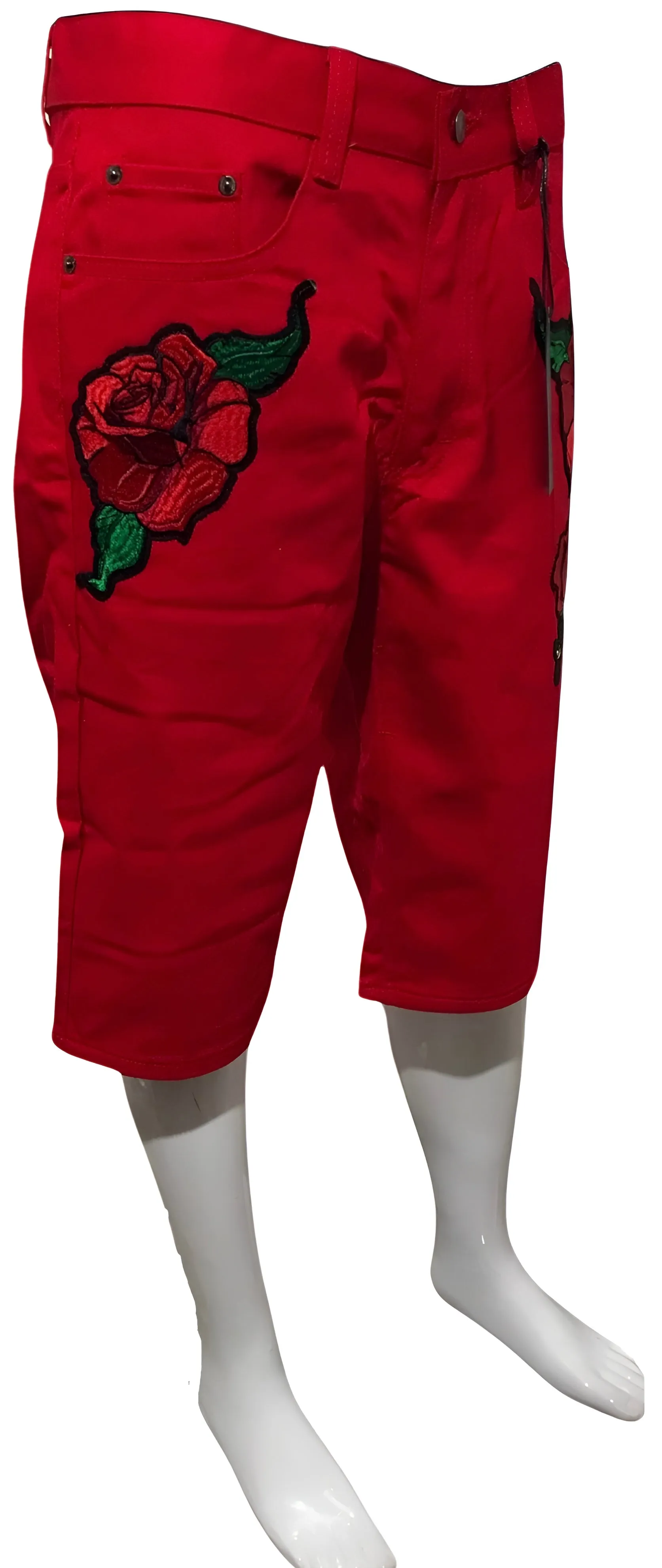 ^MAXI MILIAN^ (RED) ~ROSES~ DENIM SHORTS (SLIM FIT) (EMBROIDERED)