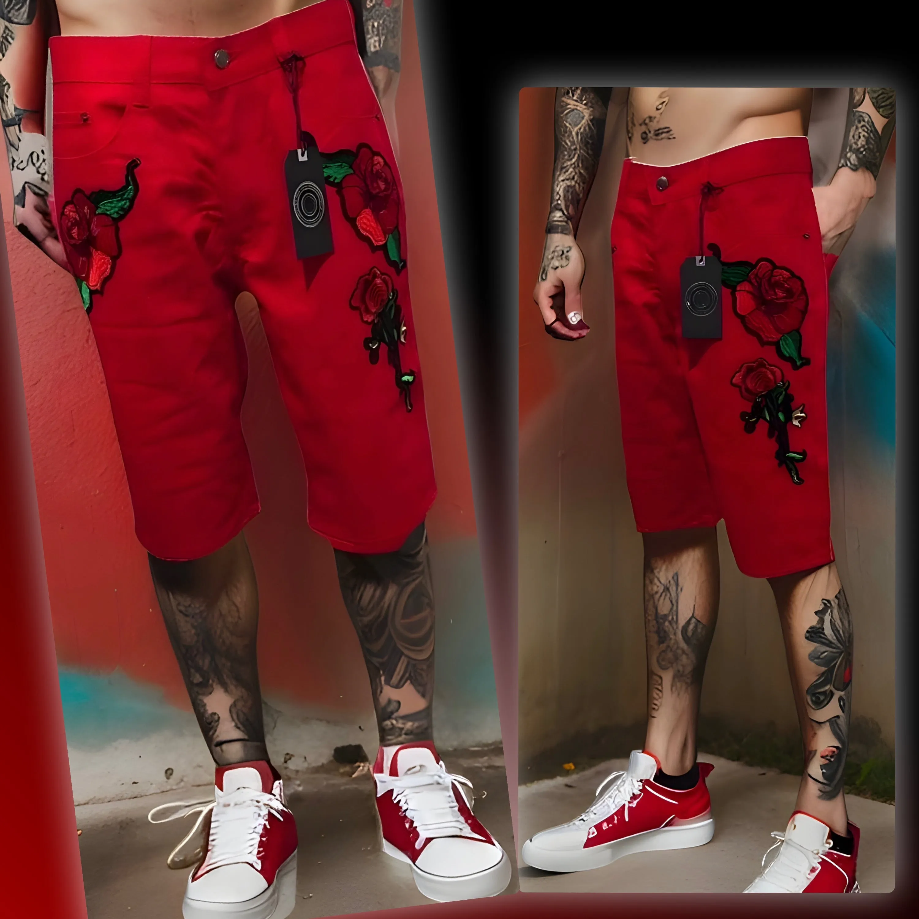 ^MAXI MILIAN^ (RED) ~ROSES~ DENIM SHORTS (SLIM FIT) (EMBROIDERED)