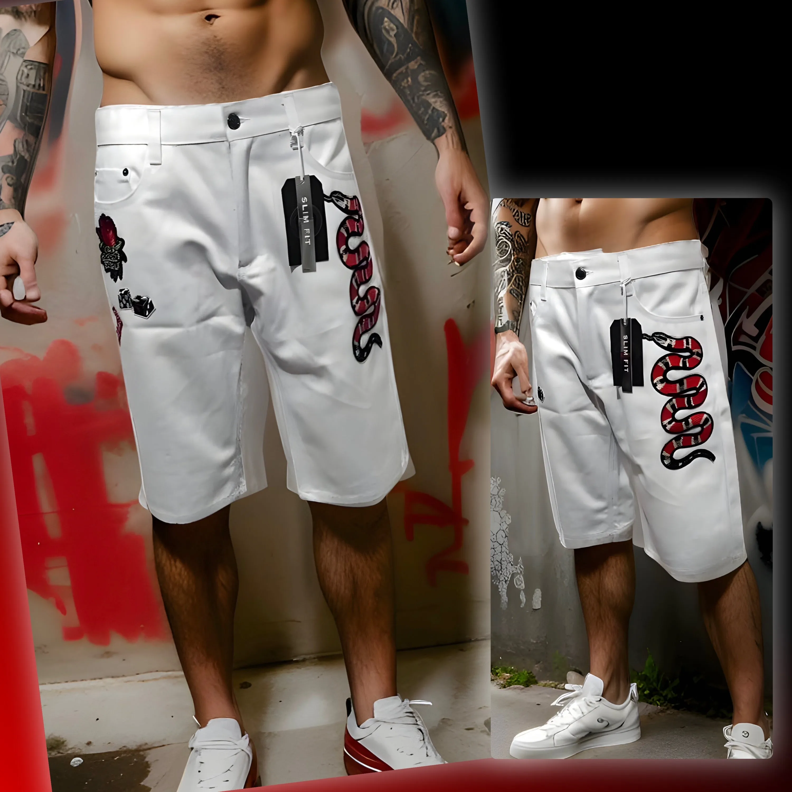 ^MAXI MILIAN^ (WHITE) ~SNAKES~ DENIM SHORTS (SLIM FIT) (EMBROIDERED)