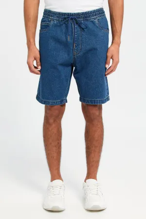 Men Blue Pull On Denim Shorts