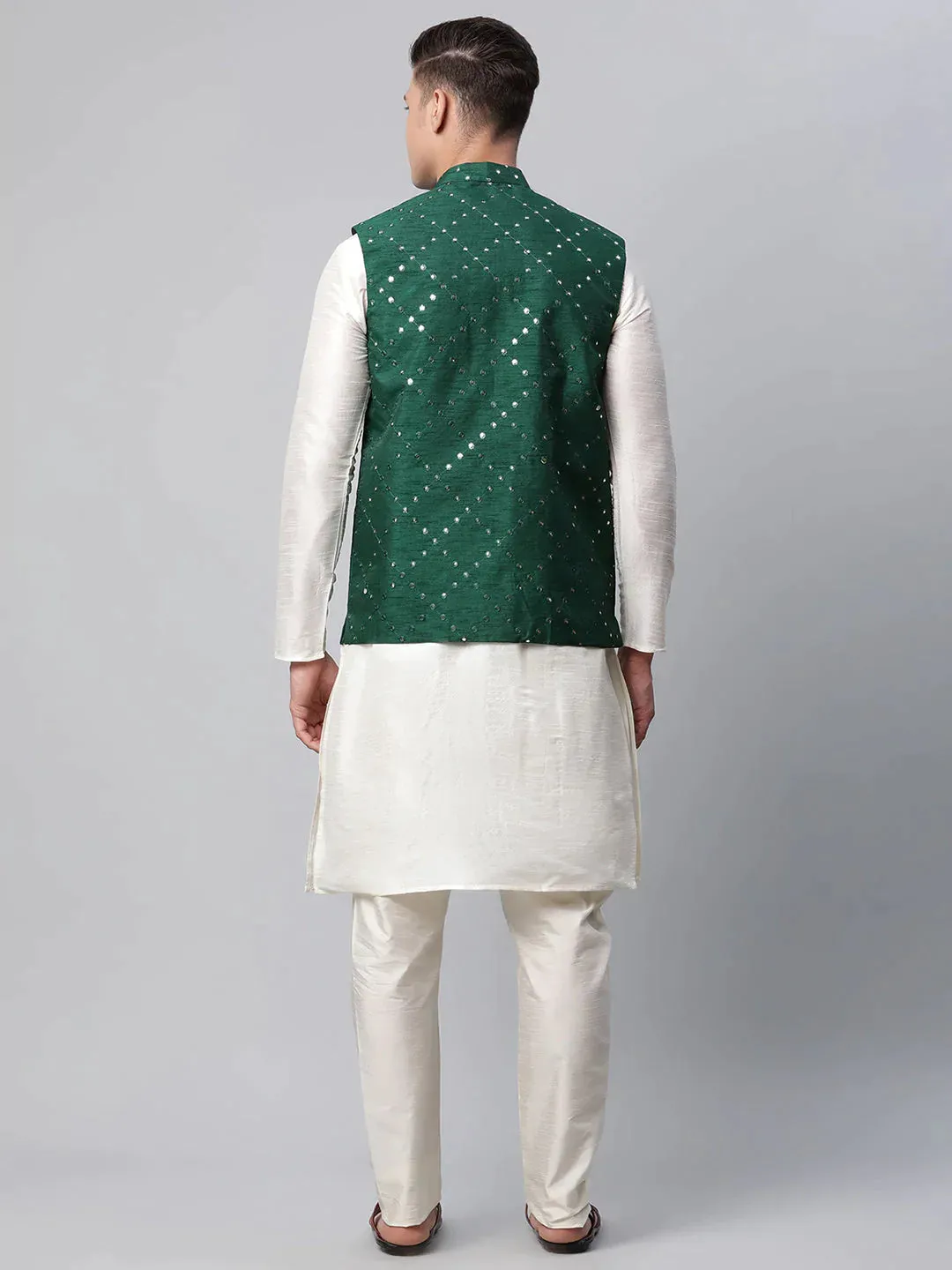 Men Dupion Silk Kurta Pyjama With Green Mirror Work Nehru Jacket