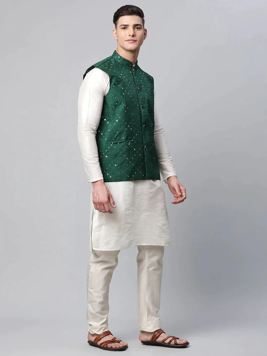 Men Dupion Silk Kurta Pyjama With Green Mirror Work Nehru Jacket