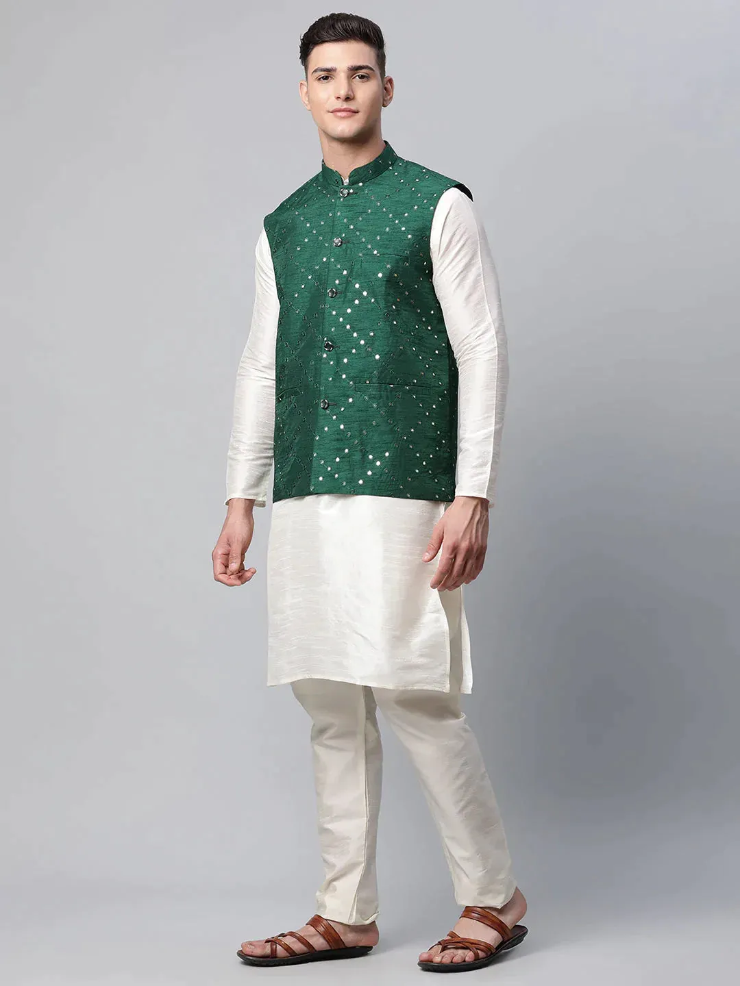 Men Dupion Silk Kurta Pyjama With Green Mirror Work Nehru Jacket