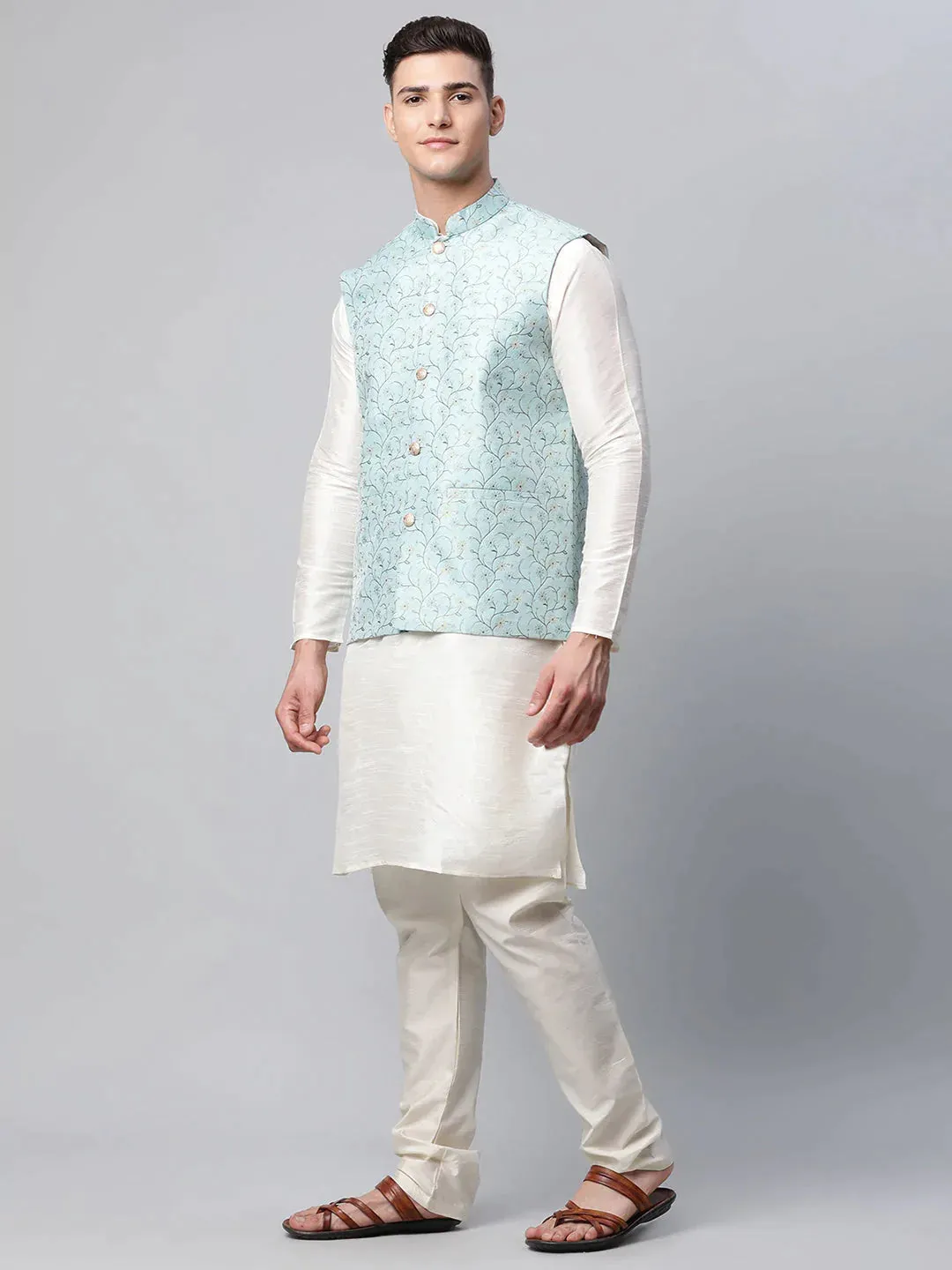 Men Dupion Silk Kurta Pyjama With Sky Blue Printed Nehru Jacket