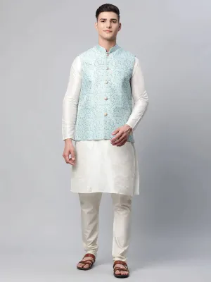 Men Dupion Silk Kurta Pyjama With Sky Blue Printed Nehru Jacket