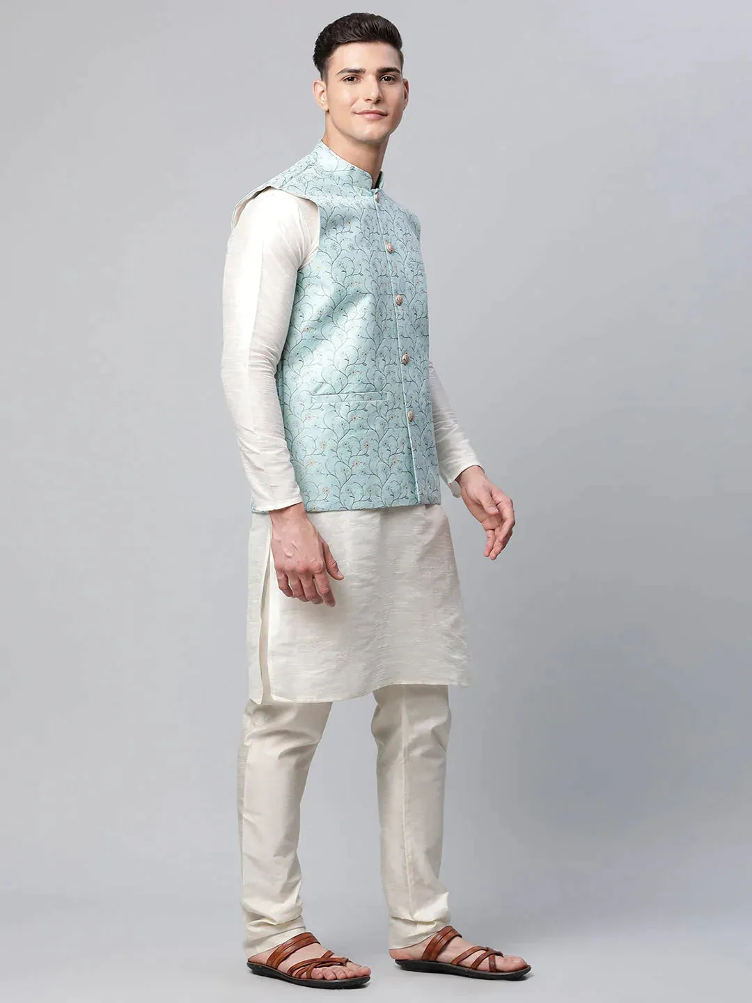 Men Dupion Silk Kurta Pyjama With Sky Blue Printed Nehru Jacket