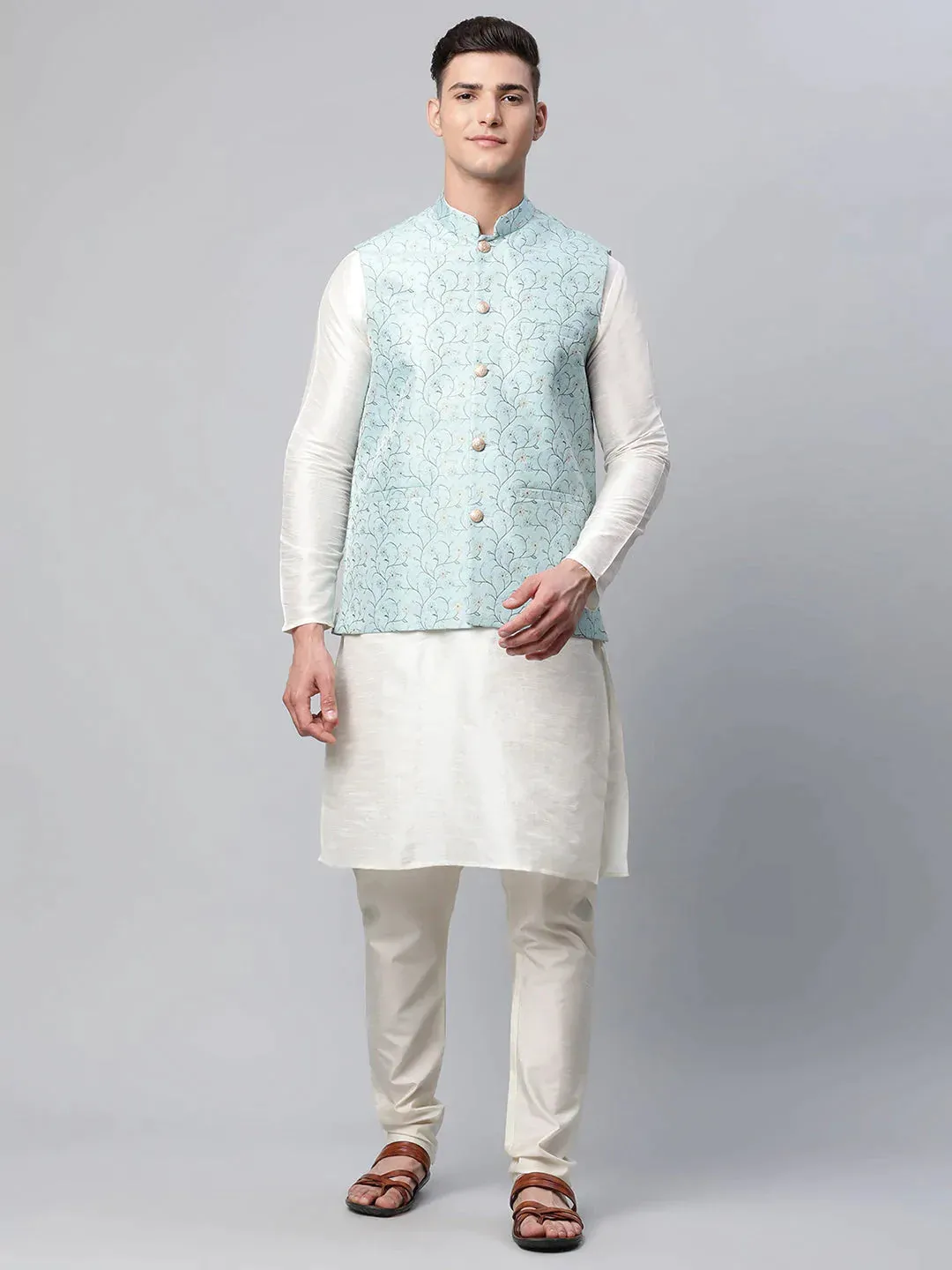 Men Dupion Silk Kurta Pyjama With Sky Blue Printed Nehru Jacket