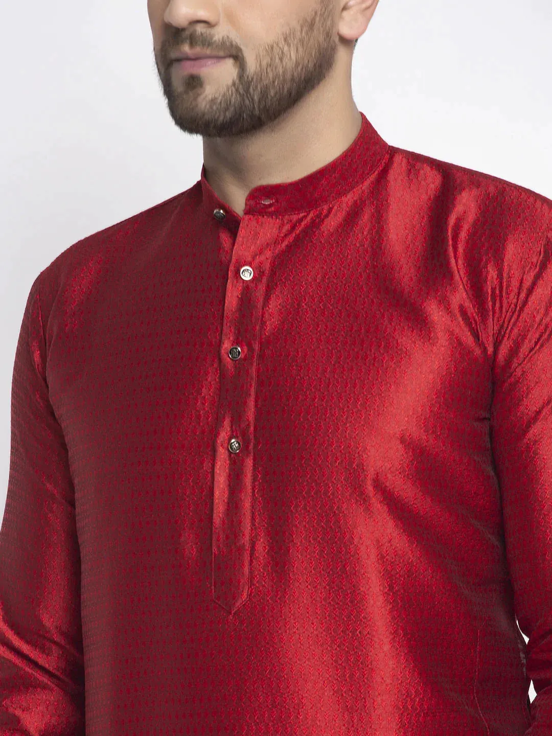 Men Maroon & White Woven Design Kurta With Pyjamas