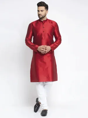 Men Maroon & White Woven Design Kurta With Pyjamas