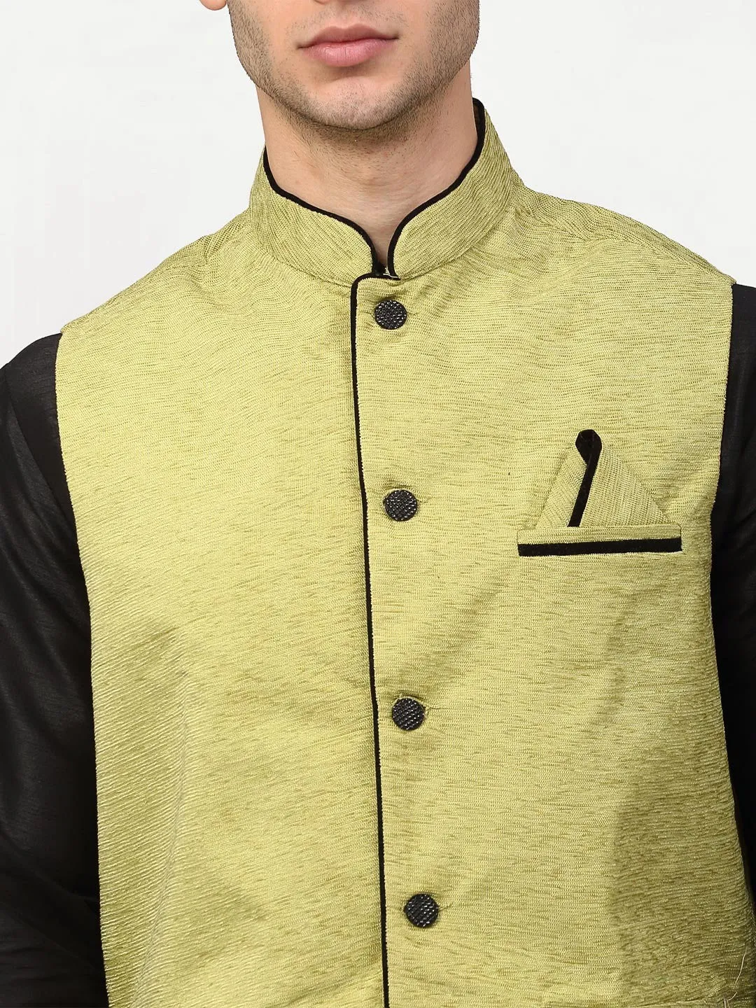 Men's Black Dupion Silk Kurta with Churidar & Nehru Jacket ( JOKPWC B-D 4024Green ) - Virat Fashions