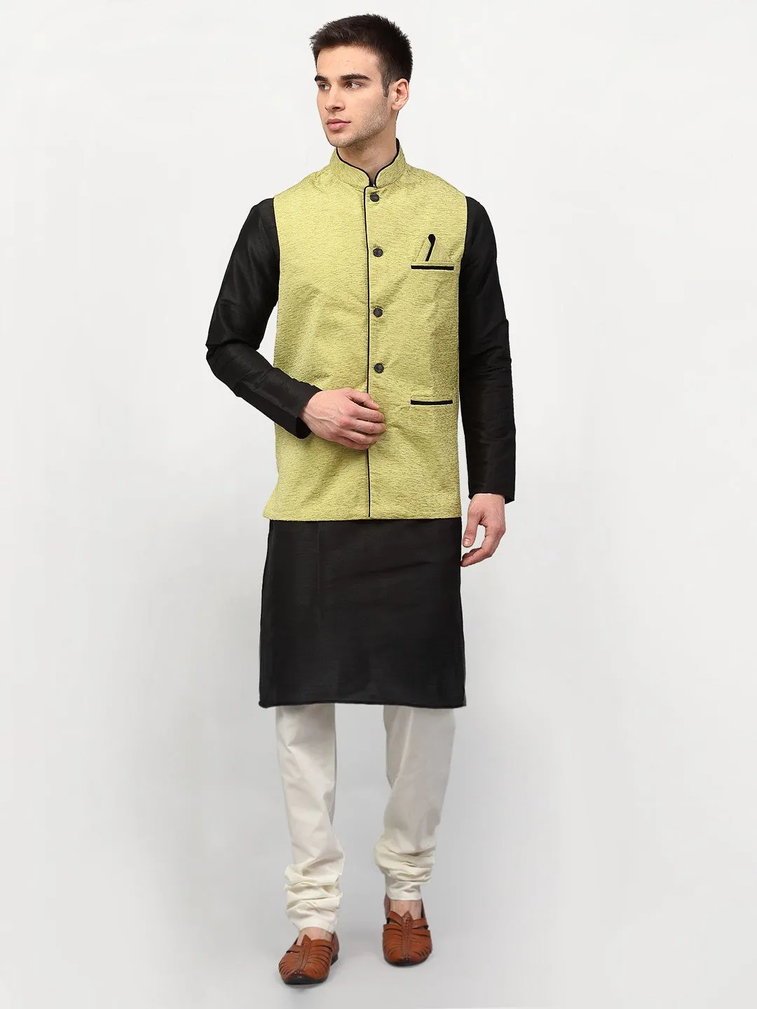 Men's Black Dupion Silk Kurta with Churidar & Nehru Jacket ( JOKPWC B-D 4024Green ) - Virat Fashions