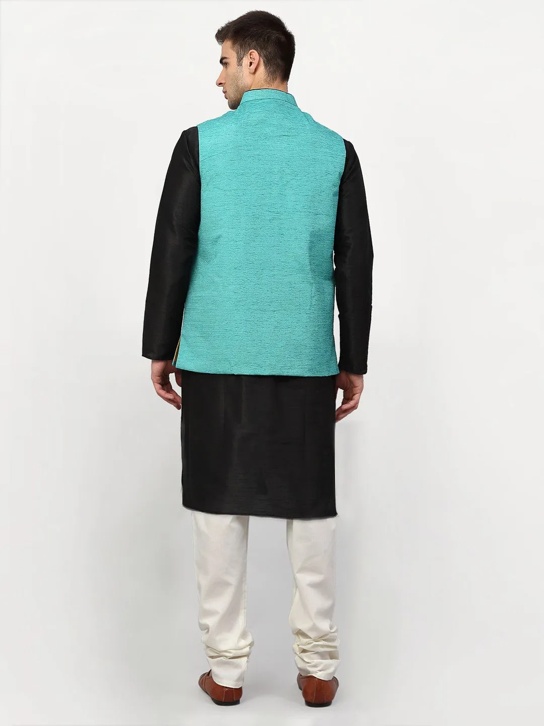 Men's Black Dupion Silk Kurta with Churidar & Nehru Jacket ( JOKPWC B-D 4024Sky ) - Virat Fashions