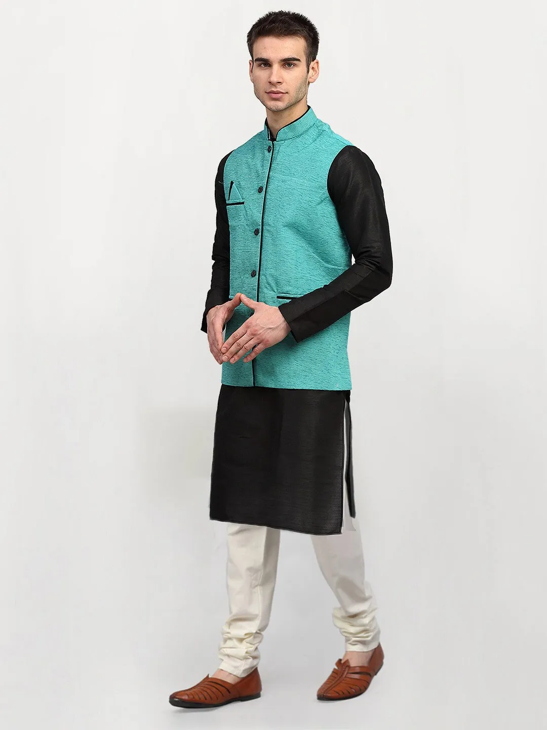 Men's Black Dupion Silk Kurta with Churidar & Nehru Jacket ( JOKPWC B-D 4024Sky ) - Virat Fashions