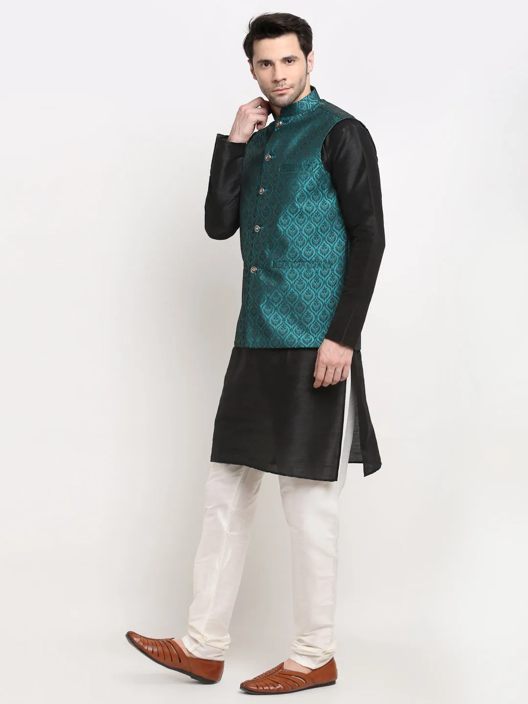 Men's Black Dupion Silk Kurta with Churidar & Nehru Jacket ( JOKPWC B-D 4027Green ) - Virat Fashions