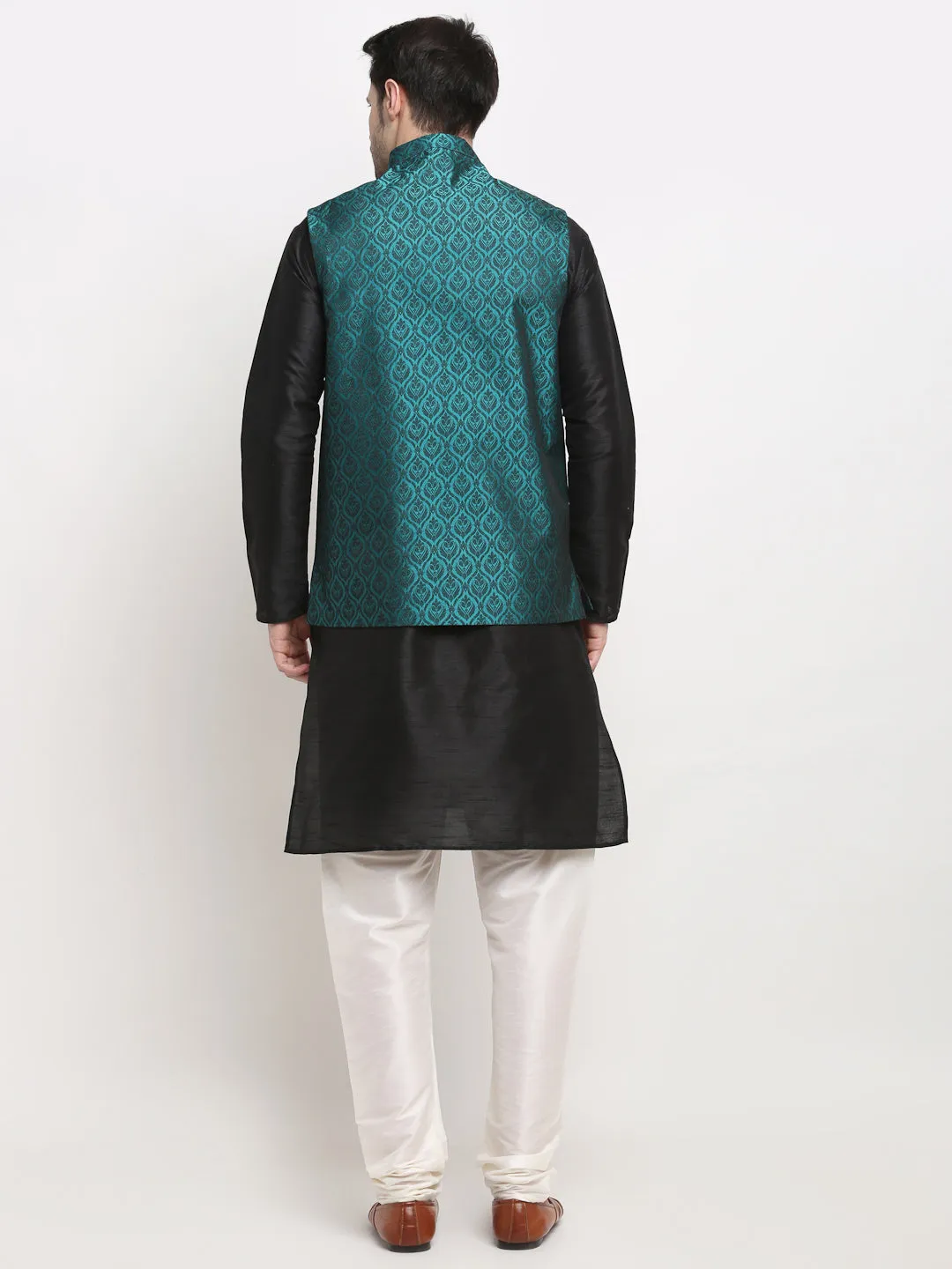 Men's Black Dupion Silk Kurta with Churidar & Nehru Jacket ( JOKPWC B-D 4027Green ) - Virat Fashions