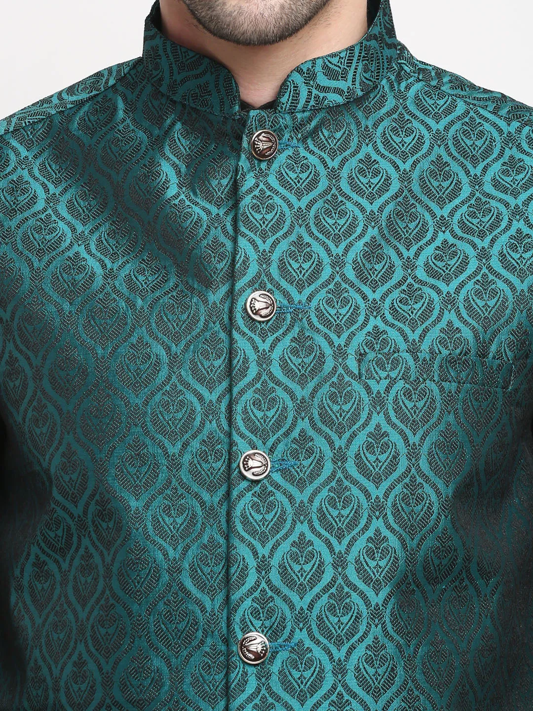 Men's Black Dupion Silk Kurta with Churidar & Nehru Jacket ( JOKPWC B-D 4027Green ) - Virat Fashions