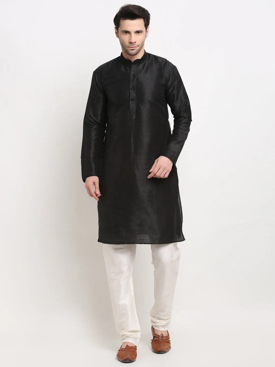 Men's Black Dupion Silk Kurta with Churidar & Nehru Jacket ( JOKPWC B-D 4027Green ) - Virat Fashions