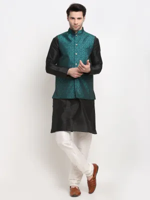 Men's Black Dupion Silk Kurta with Churidar & Nehru Jacket ( JOKPWC B-D 4027Green ) - Virat Fashions