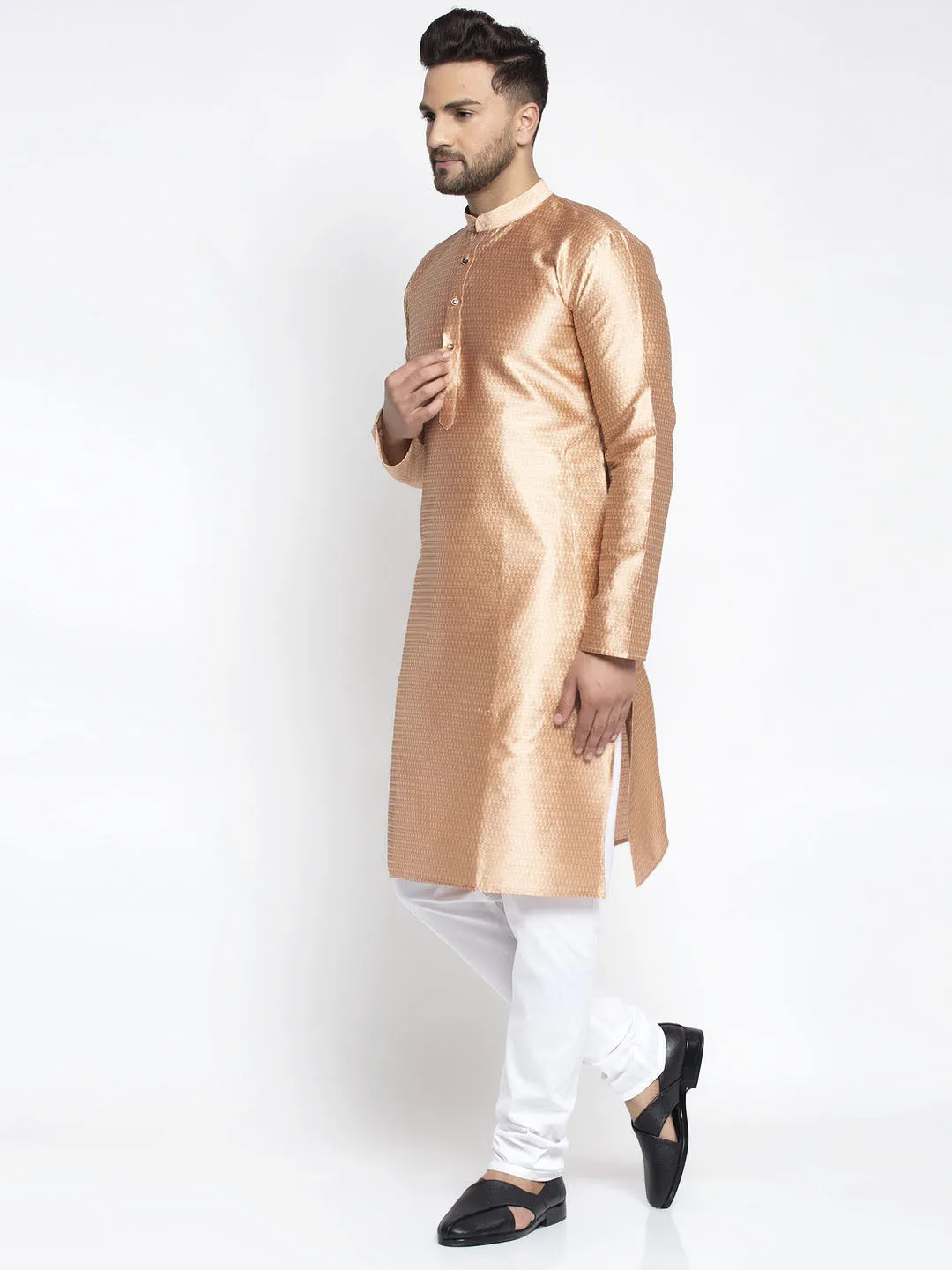 Men's Bronze & White Woven Design Kurta with Pyjamas ( JOKP 637 Bronze ) - Virat Fashions