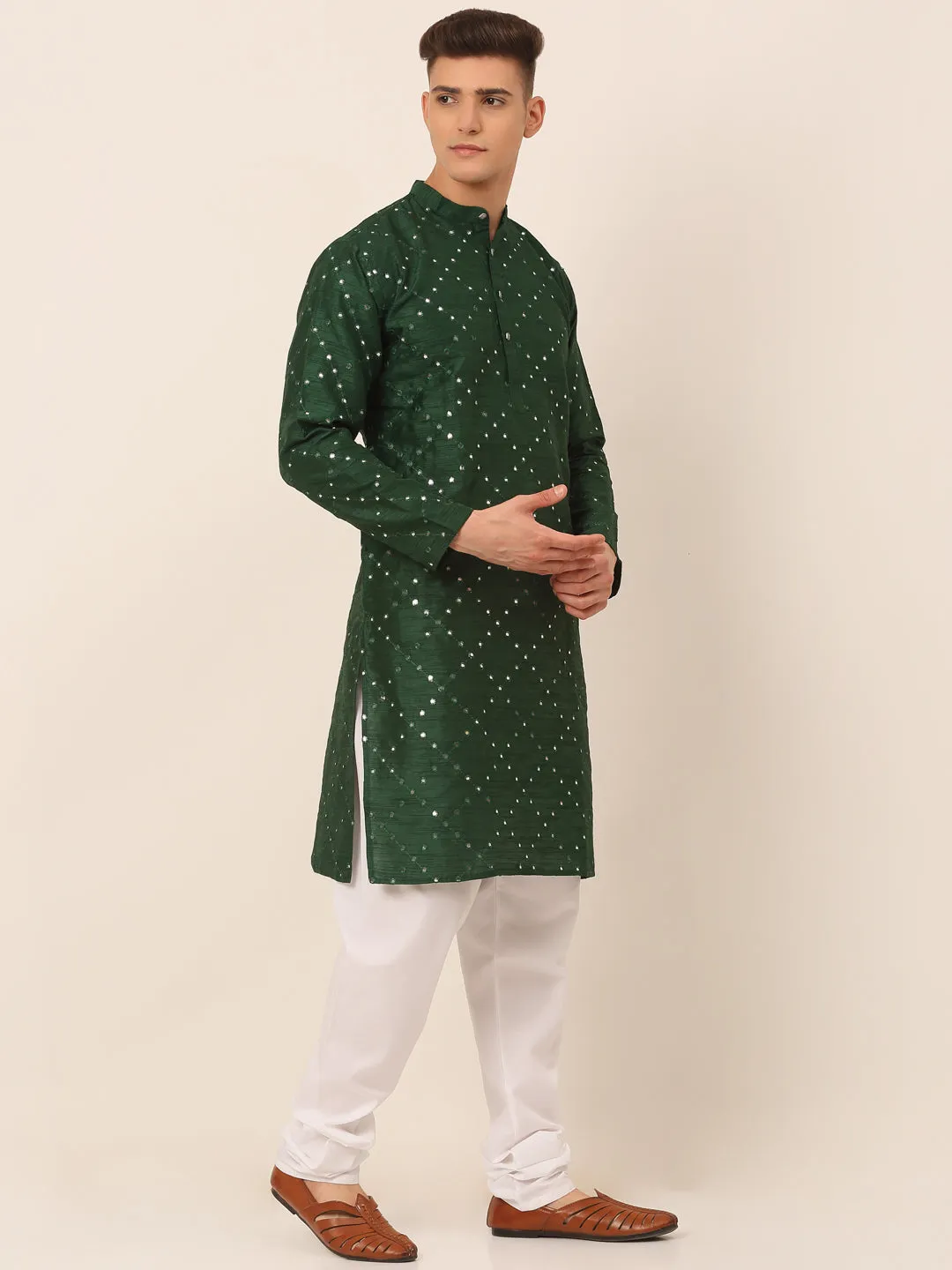 Men's Green Mirror Work Kurta Pyjama ( Jokp 659 Green ) - Virat Fashions