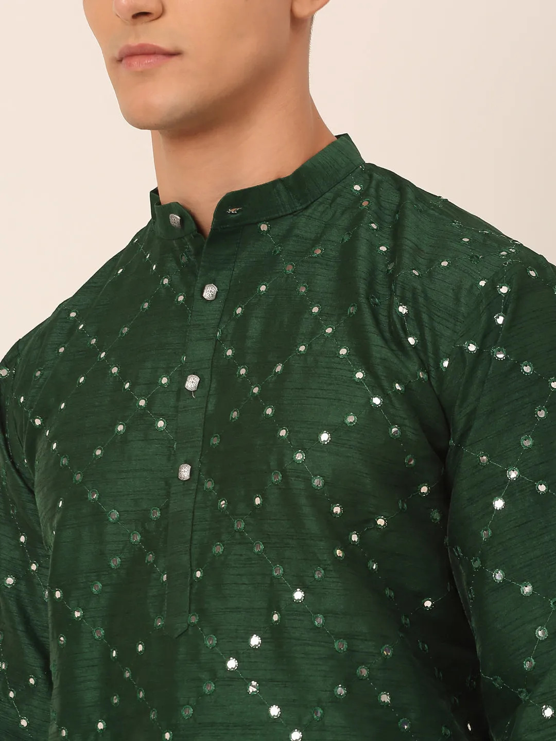 Men's Green Mirror Work Kurta Pyjama ( Jokp 659 Green ) - Virat Fashions