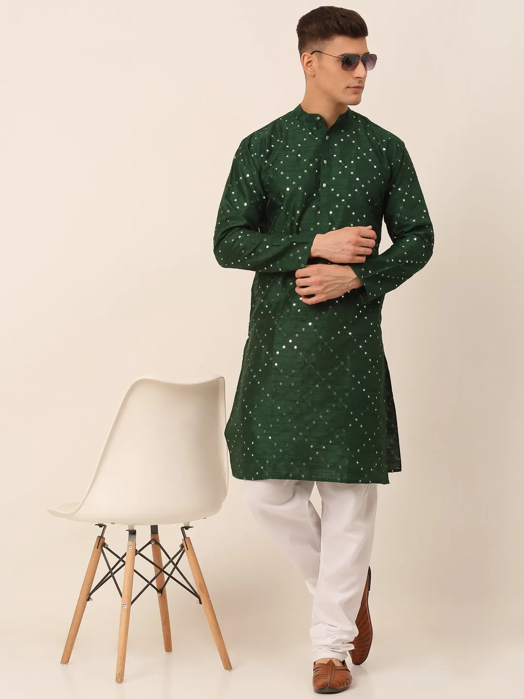 Men's Green Mirror Work Kurta Pyjama ( Jokp 659 Green ) - Virat Fashions