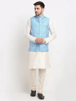 Men'S Ikat Print Nehru Jacket & Kurta Pyjama