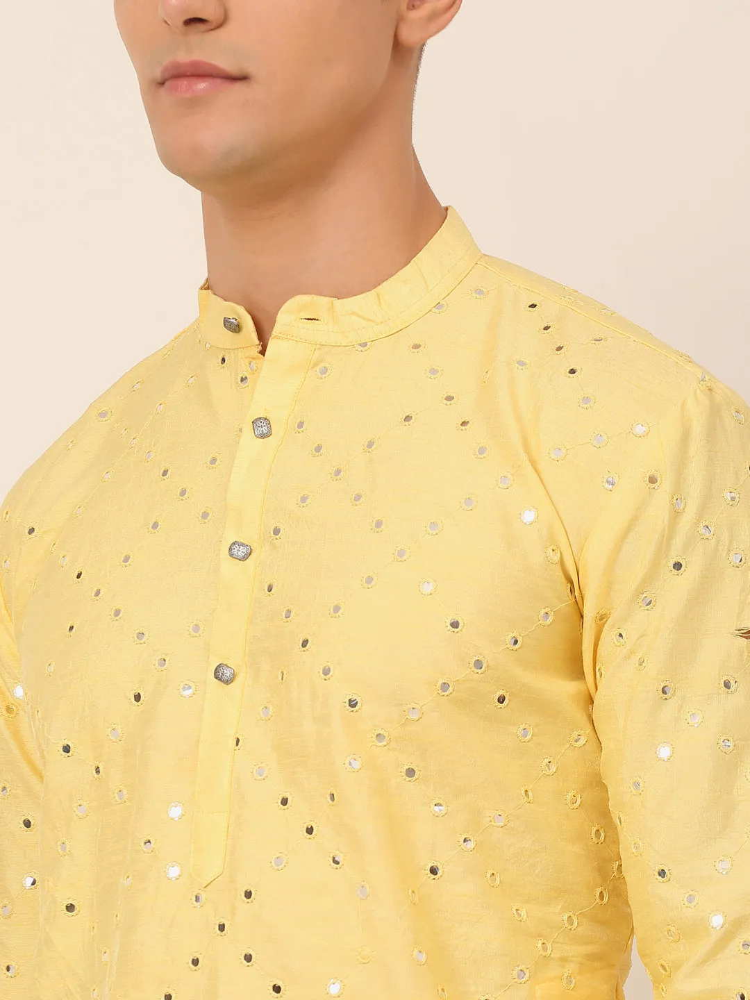 Men's Lemon Mirror Work Kurta Pyjama ( Jokp 659 Lemon ) - Virat Fashions